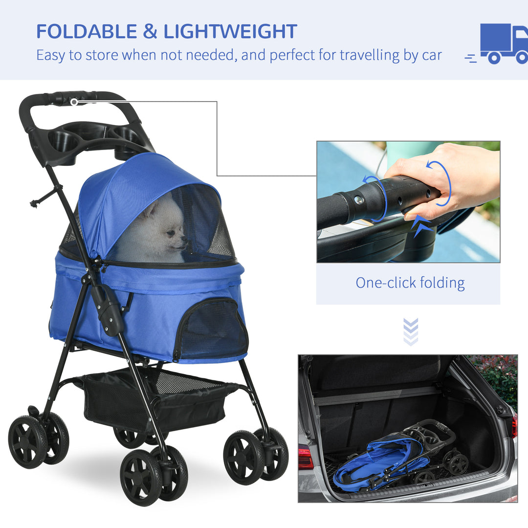 PawHut Dog Stroller with Rain Cover, Dog Pushchair One-Click Fold Trolley with EVA Wheels Brake Basket Adjustable Canopy Safety Leash