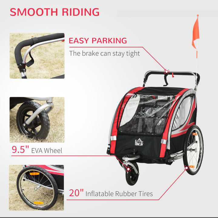 Child Bike Trailer 2 In 1 Baby Stroller 2-Seater Transport Carrier with Brake, 5 Point Harness, Storage Bag, Reflector, Flag, Red