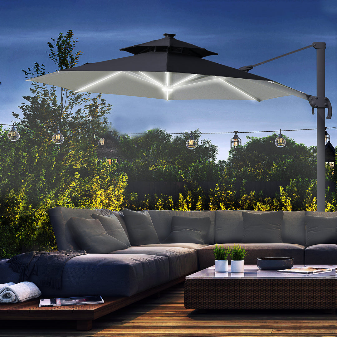 Outsunny 3m Cantilever Parasol w/ Solar Lights Power Bank Cross Base Adjustable Canopy 360° Spin Outdoor Garden Umbrella 2-Tier Roof Sun Shade Grey