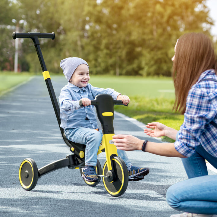 4-in-1 Tricycle for Kids, Baby Trike with Adjustable Push Handle, 18-60 Months, Yellow