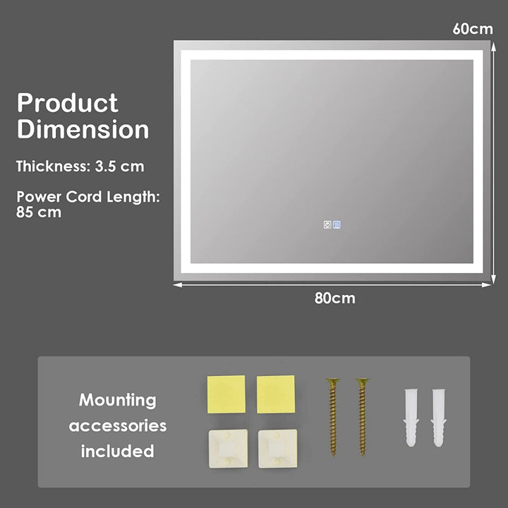 80 x 60 cm LED Lighted Mirror with Adjustable Brightness and Color Temperature