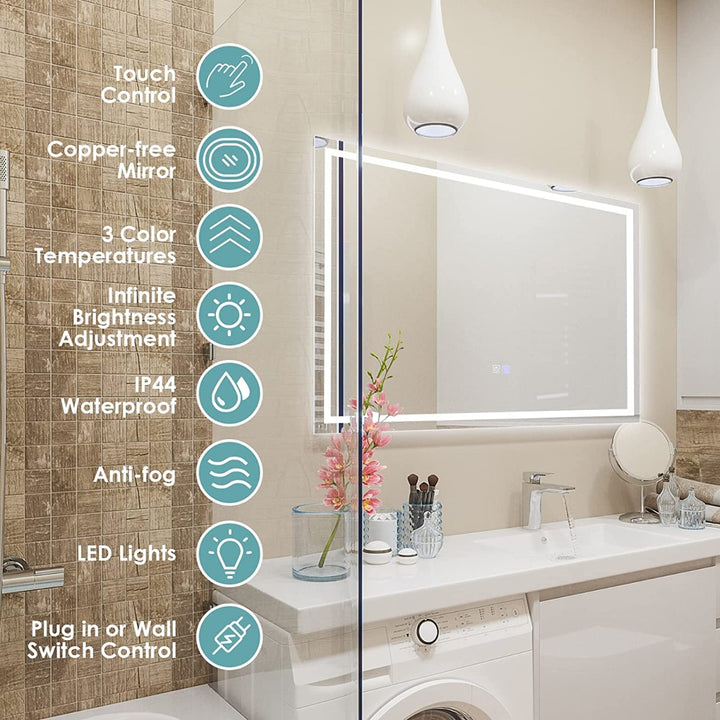 80 x 60 cm LED Lighted Mirror with Adjustable Brightness and Color Temperature