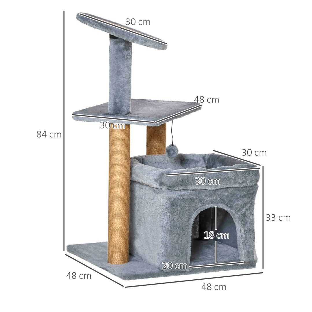 PawHut Cat Tree Tower Kitten Activity Center with Scratching Posts Pad Condo Perch Bed Interactive Ball Toy 48 x 48 x 84cm, Grey