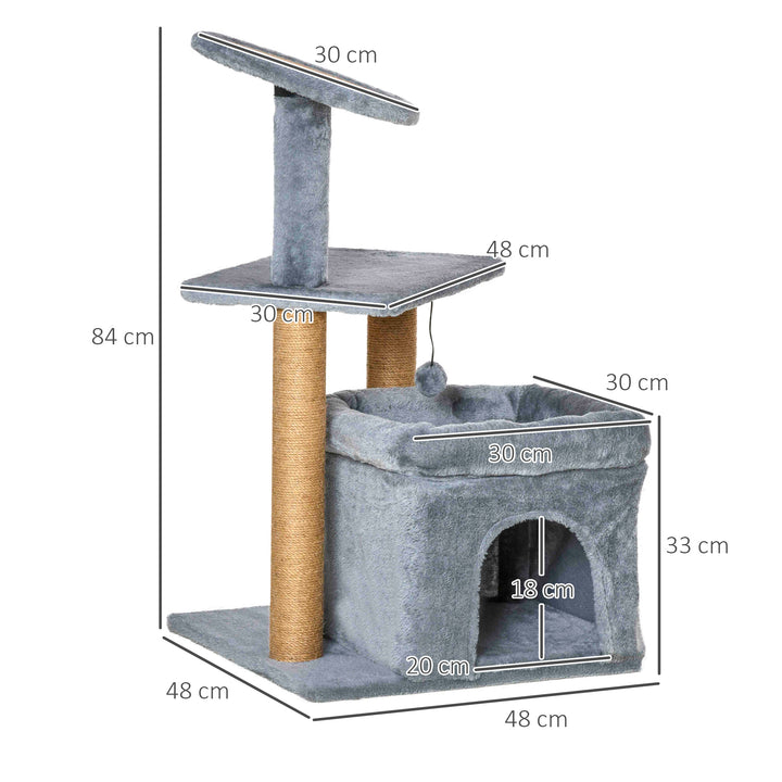 PawHut Cat Tree Tower Kitten Activity Center with Scratching Posts Pad Condo Perch Bed Interactive Ball Toy 48 x 48 x 84cm, Grey