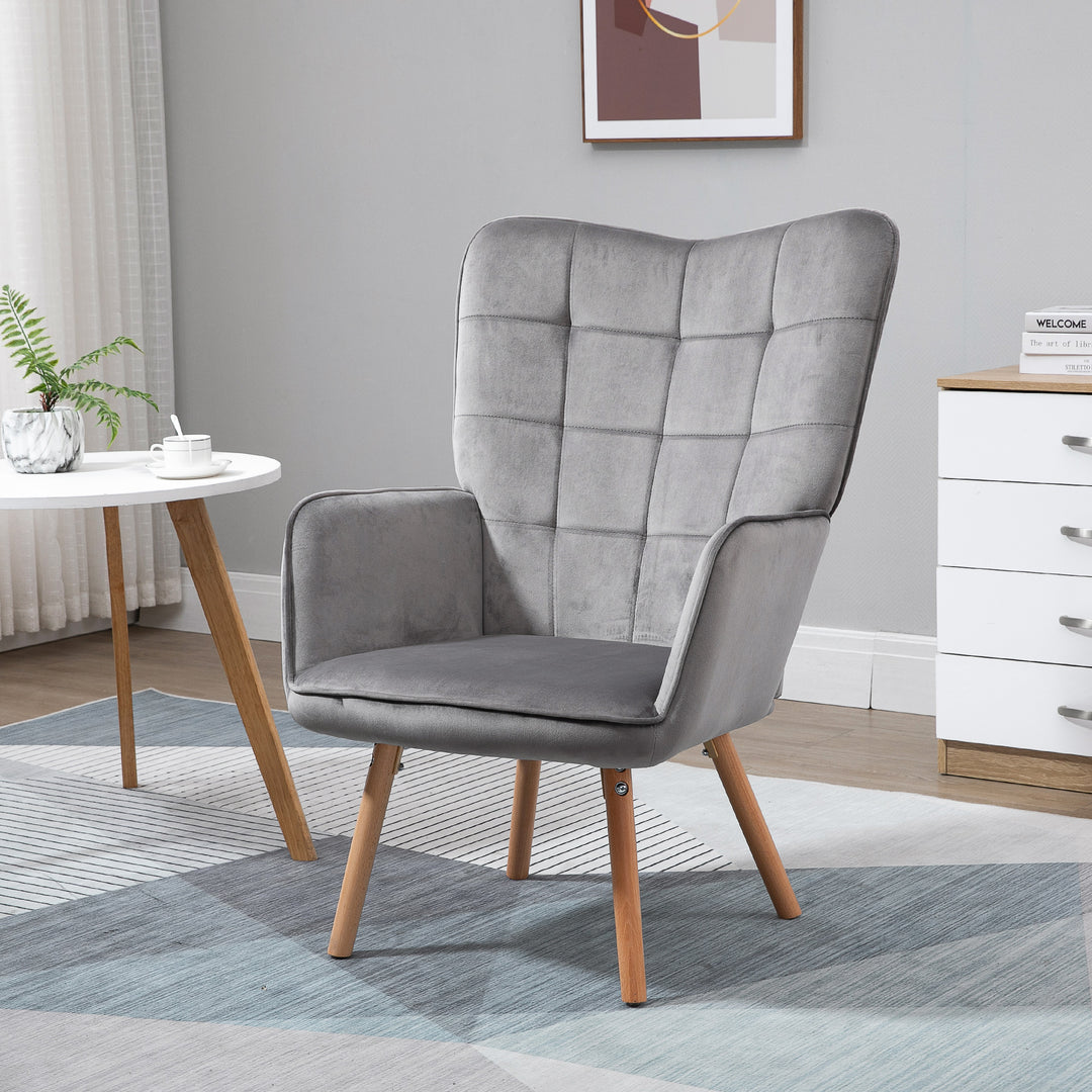 HOMCOM Modern Accent Chair Velvet-Touch Tufted Wingback Armchair Upholstered Leisure Lounge Sofa Club Chair with Wood Legs, Grey