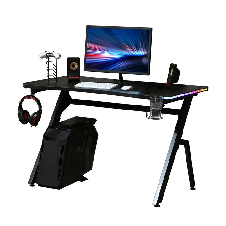 Gaming Desk Racing Style Home Office Ergonomic Computer Table Workstation with RGB LED Lights,  Black