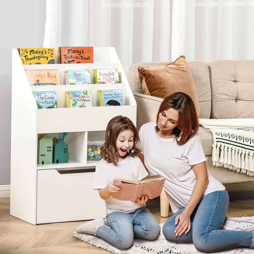 Kids Bookshelf, Toy Organiser, with Storage Drawer, Wheels, White