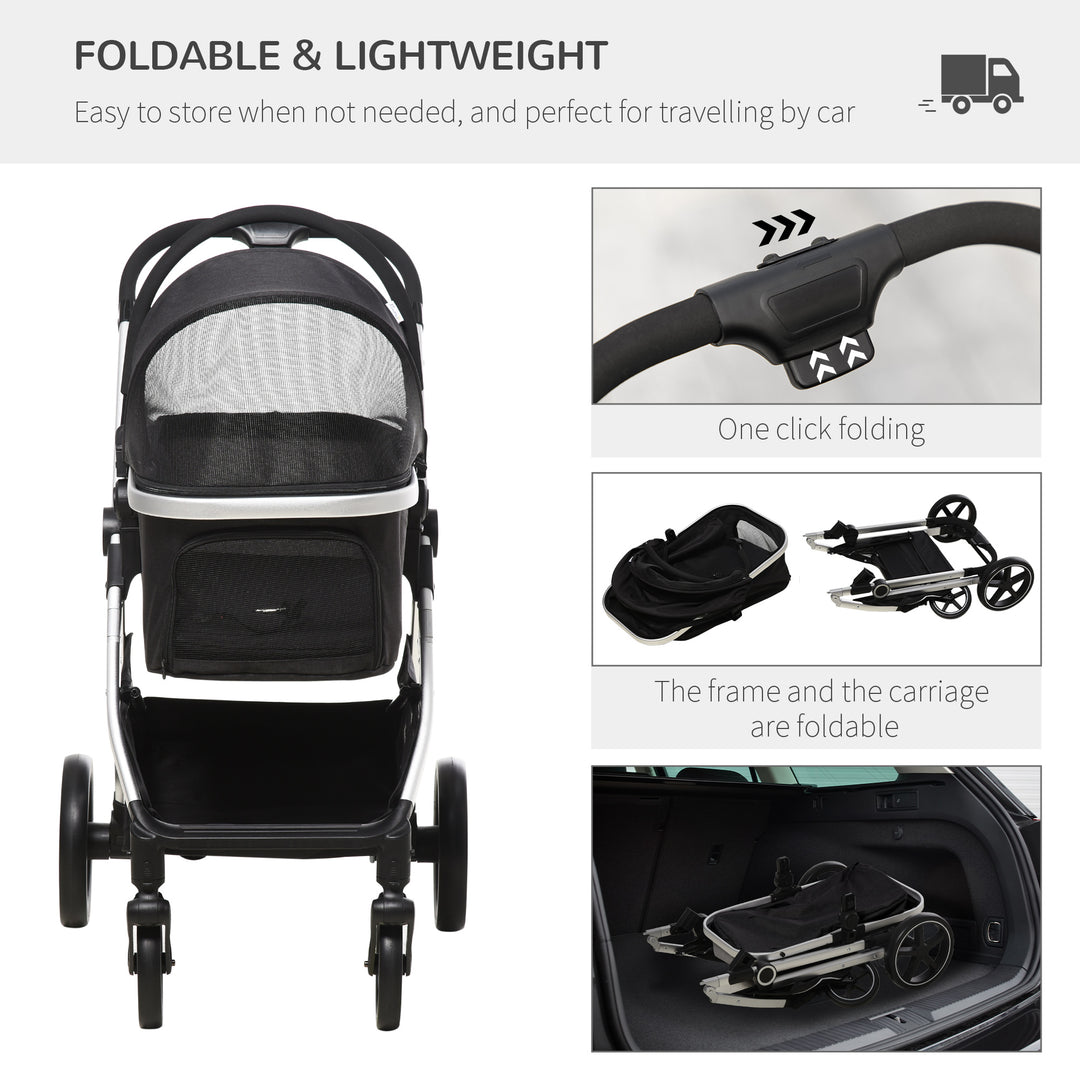 PawHut 3 in 1 Foldable Dog Pushchair, Detachable Travel Stroller w/ EVA Wheels, Adjustable Canopy, Safety Leash, Cushion, for Small Pets - Black