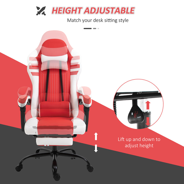 Vinsetto PU Leather Gaming Chair w/ Headrest, Footrest, Wheels, Adjustable Height, Racing Gamer Recliner, Red White