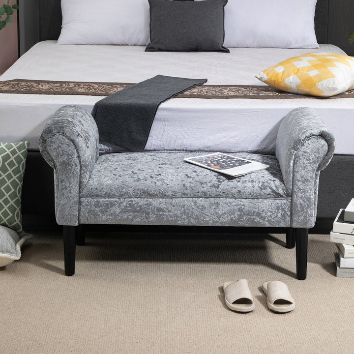 HOMCOM Ice Crush Velvet Fabric Upholstered Bed End Bench, Padded Sponge Cushion Bedroom Bench with Armrests Rubber Wood for Room Entryway, Silver Grey