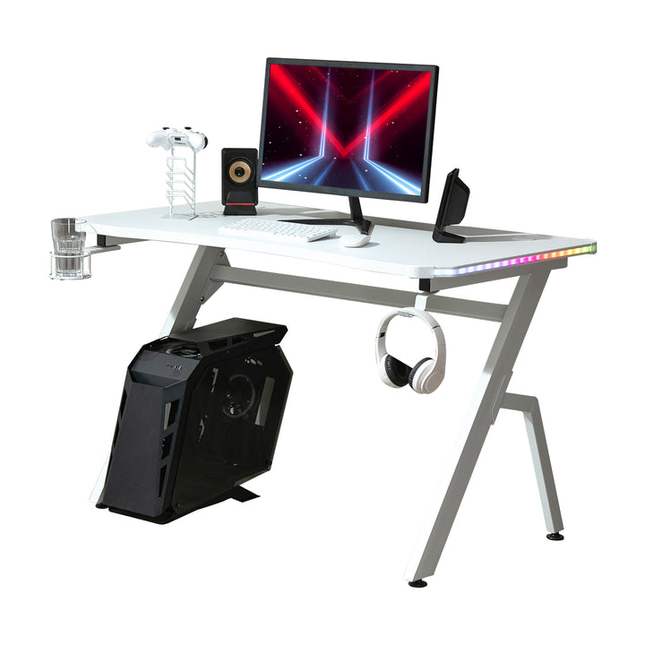 Gaming Desk Racing Style Home Office Ergonomic Computer Table Workstation with RGB LED Lights, Hook, Cup Holder, Controller Rack, White