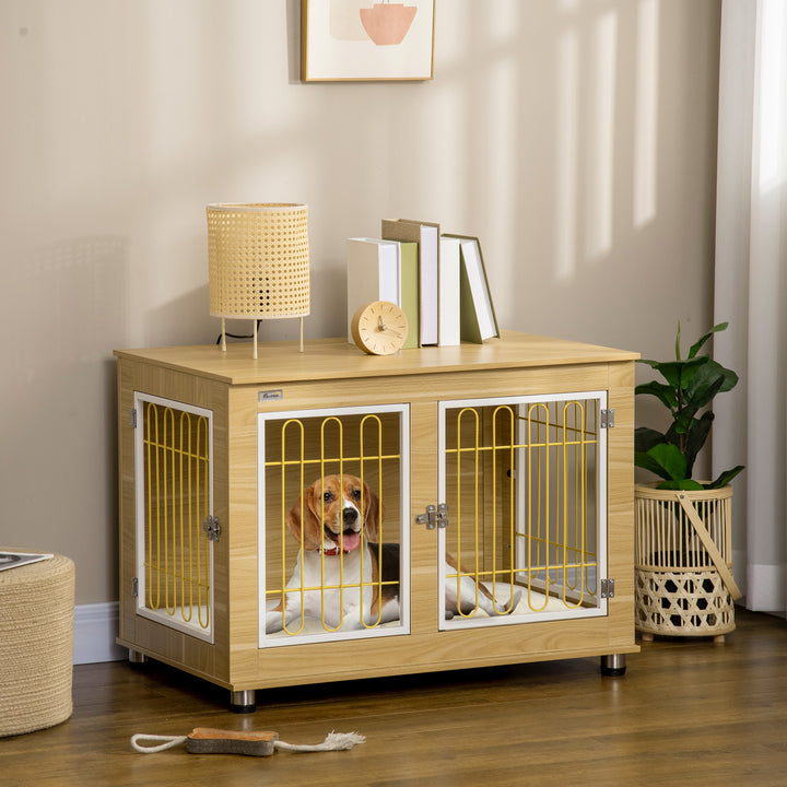 PawHut Dog Crate Furniture, Dog Cage End Table. with Soft Cushion, Double Door - Oak Tone