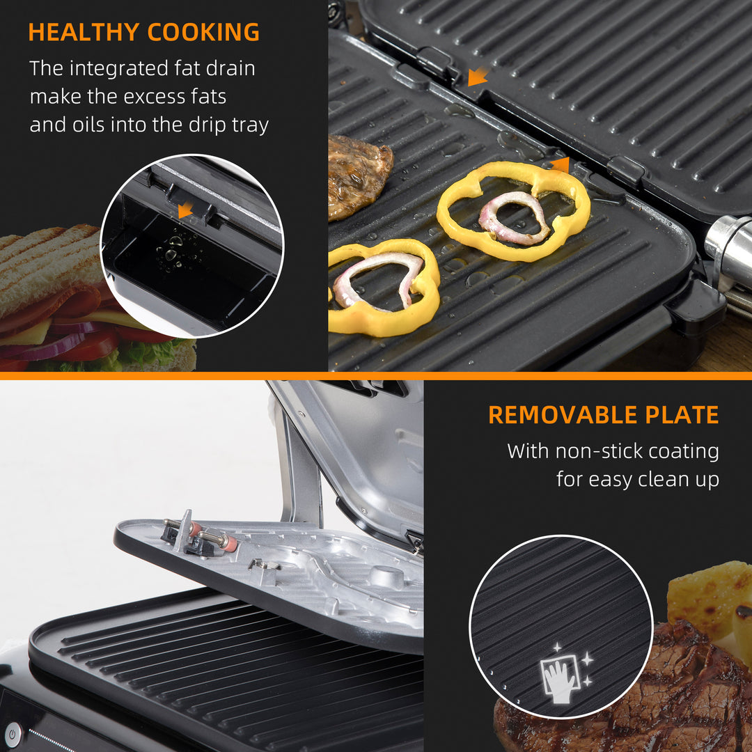 Health Grill & Panini Press, 2100W Electric Non-stick Grill with 180° Flat Open, Drip Tray, Removable Plate, Spatula and 8 Automatic Settings
