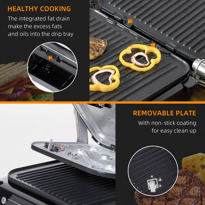 Health Grill & Panini Press, 2100W Electric Non-stick Grill with 180° Flat Open, Drip Tray, Removable Plate, Spatula and 8 Automatic Settings