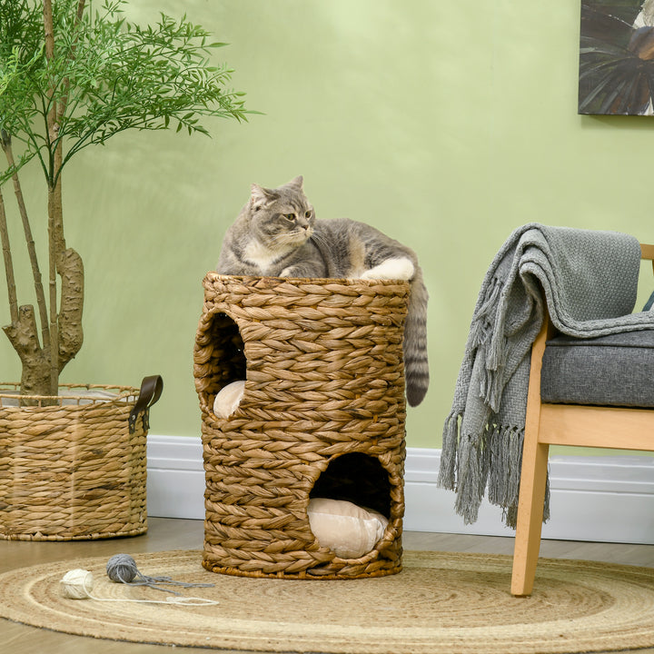 47cm Cat Barrel Tree for Indoor Cats with 2 Cat Houses, Kitten Tower with Cushion - Light Brown