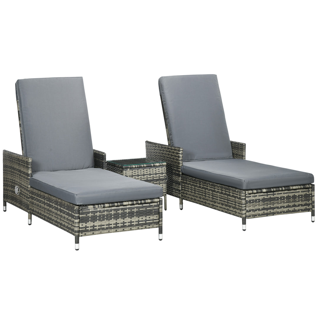 Outsunny 3-Pieces Rattan Sun Lounger, Patio Chaise Lounge Chair Set with Adjustable Backrest, Soft Cushions, Glass Top Table, Grey