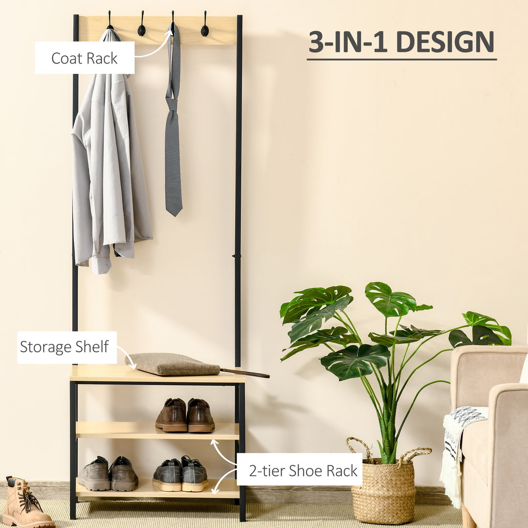 4 Hooks Wooden Garment Rack Freestanding Coat Rail Storage Shelves Metal Tidy Shoes Clothes Stand Entryway Furniture - 60L x 40W x 175H (cm)