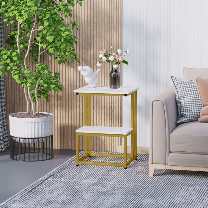 Side Table, Double Layer End Table, Modern Coffee Table with Steel Frame and Adjustable Non-Slip Feet for Living room, Bedroom, White
