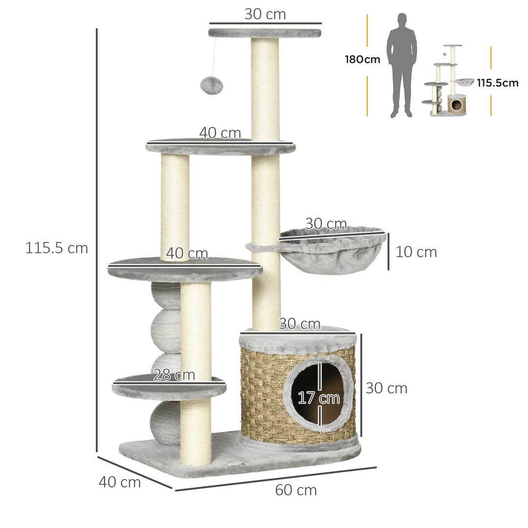 Cat Tree, 115cm Cat Climbing Tower, kitten Activity Centre with Fluffy House and Hammock, Jute Scratching Post and Hanging Ball, Light Grey