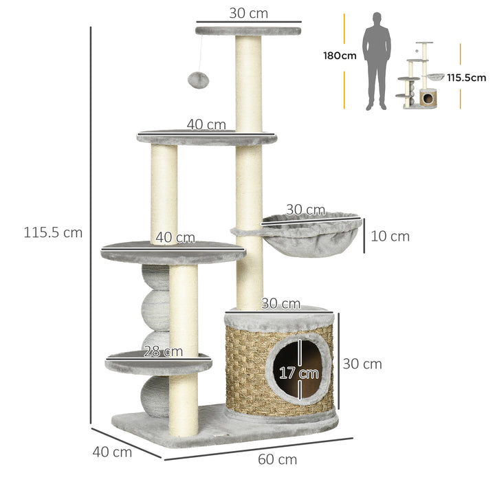 Cat Tree, 115cm Cat Climbing Tower, kitten Activity Centre with Fluffy House and Hammock, Jute Scratching Post and Hanging Ball, Light Grey