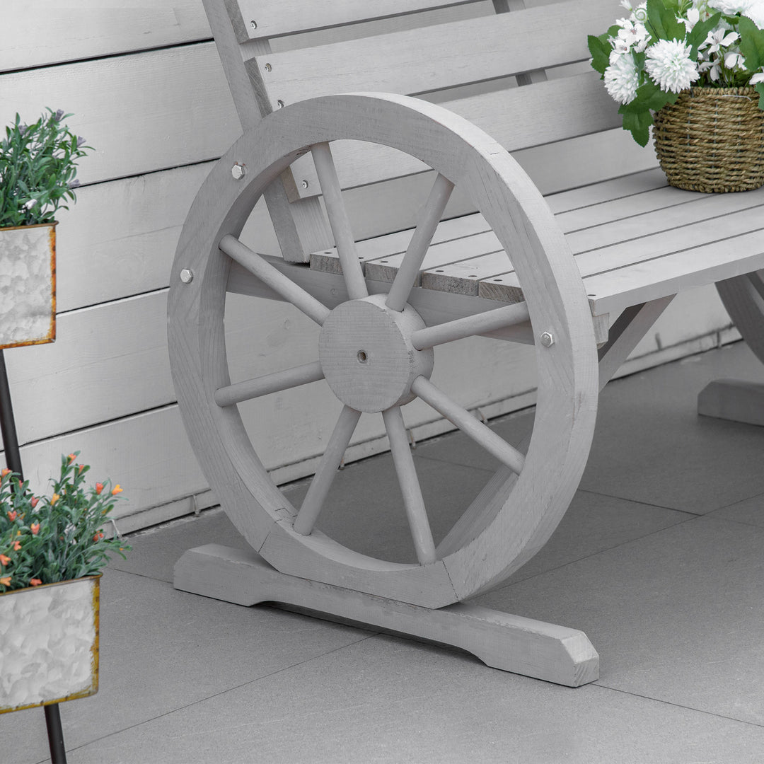 Outsunny 2 Seater Garden Bench Outdoor Garden Armrest Chair with Wooden Cart Wagon Wheel Rustic High Back Grey