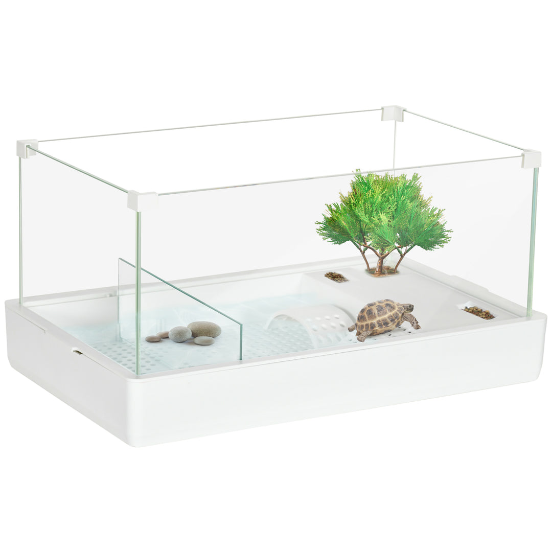 50 Turtle Tank Aquarium, Glass Tank with Basking Platform, Filter Layer Design, Full View Visually Terrapin Reptile Habitat, White
