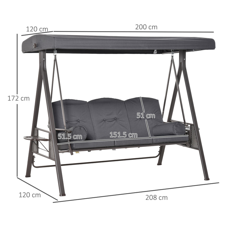 Outsunny 3 Seater Garden Swing Chair Outdoor Hammock Bench w/ Adjustable Canopy, Cushions and Cup Trays, Steel Frame, Dark Grey