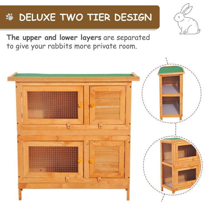 Pawhut Wooden Rabbit Hutch 2 Tiers Bunny House Rabbit Cage w/ Slide-Out Tray and Hinged Opening Roof Small Animal House for Indoor