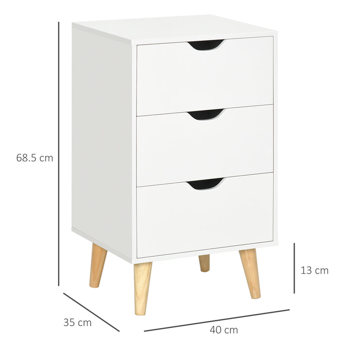 Bedroom 3-Drawer Bedside Unit with Wood Legs and Cut-out Handles, White