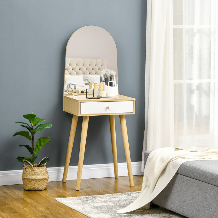 Modern Dressing Table with Large Mirror and Storage Drawer, Compact Vanity Table for Bedroom, Natural