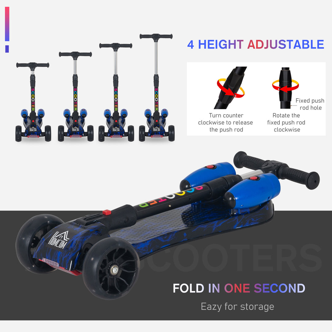 Kids 3 Wheel Kick Scooter Adjustable Height w/ Flashing Wheels Music Water Spray Foldable Design Cool On Off Road Vehicle Blue