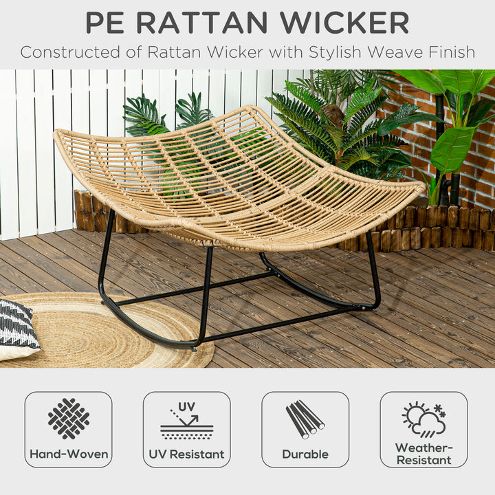 Outdoor PE Rattan Rocking Chair, Patio Luxury Round Wicker Garden Porch Furniture w/ Thick Cushion, Natural Wood Finish