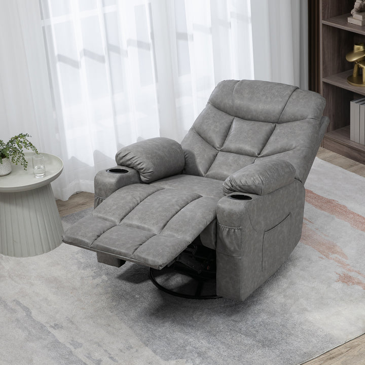 Manual Reclining Chair, Recliner Armchair with Faux Leather, Footrest, Cup Holders, 86x93x102cm, Grey