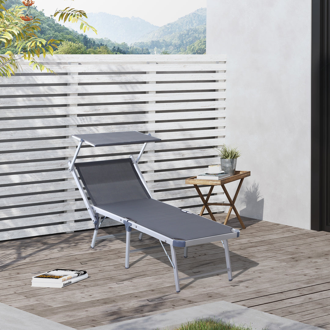 Outsunny Garden Sun Lounger Texteline Chaise Lounge Reclining Chair with Canopy Adjustable Backrest Bed Aluminium Frame - Grey