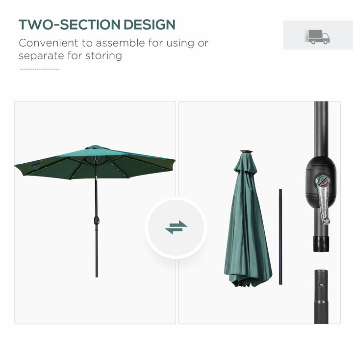 Outsunny 2.7m Garden Parasol, Patio LED Umbrella with Push Button Tilt/Crank 8 Rib Sun Shade for Outdoor Table Market Umbrella Green