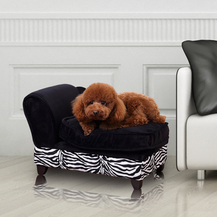 Foam Dog Bed, Elevated Pet Sofa, Cat Couch Lounger, with Storage, Removable Washable Cover, Black, Zebra Stripe Print