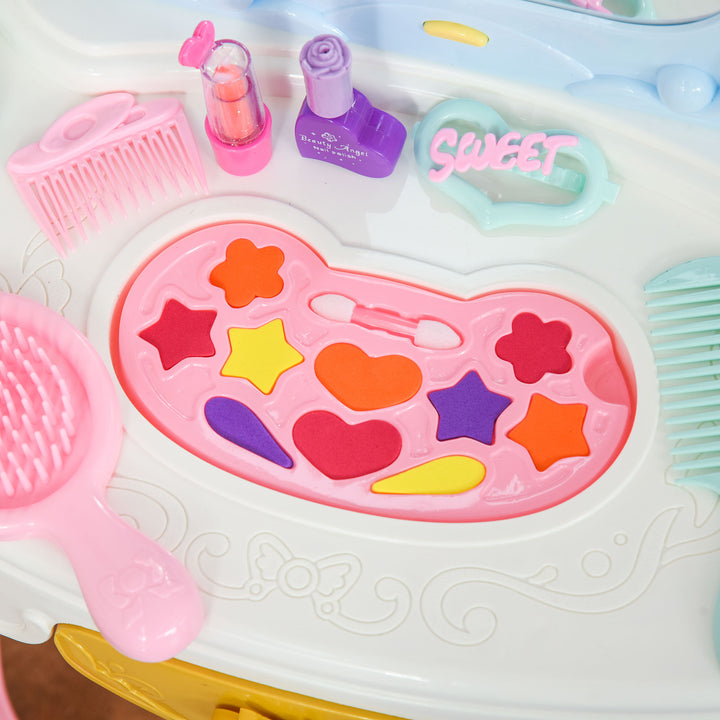20 PCS Kids Dressing Table Set, Children Vanity Make Up Desk, Musical Pretend Toy, with Beauty Kit, Mirror, Stool, for 3-6 Years Old, Pink
