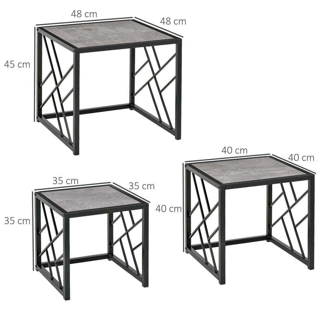 Set of 3 Nest of Tables, Square Side Tables with Black Metal Frame, for Living Room, Bedroom and Office, Grey