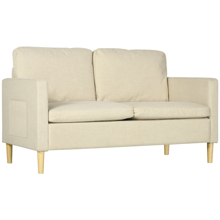 143cm 2 Seater Sofa for Living Room, Modern Fabric Couch, Loveseat Sofa Settee with Wood Legs and 2 Pockets for Bedroom and Home Office, Beige