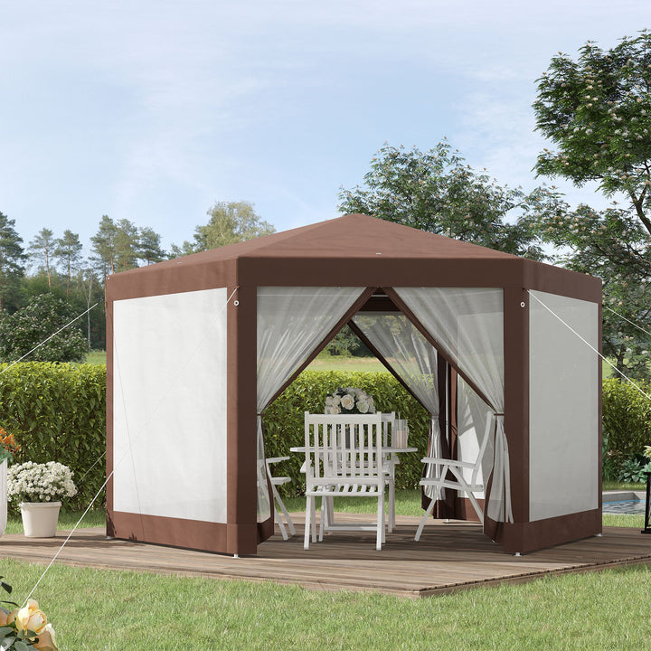 Hexagonal Garden Gazebo Patio Party Outdoor Canopy Tent Sun Shelter with Mosquito Netting and Zipped Door, Brown