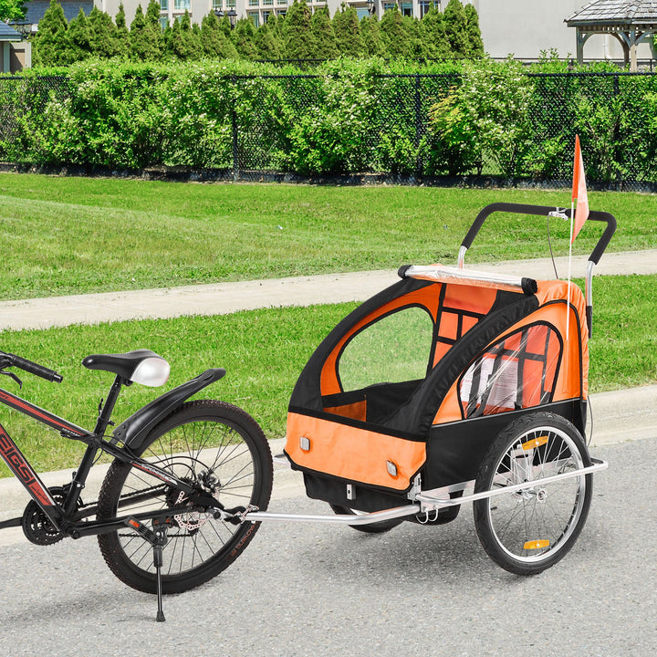 Collapsible Bike Trailer 2-Seater for Baby Bicycle with Pivot Wheel Suitable For 18 Month + Child Orange