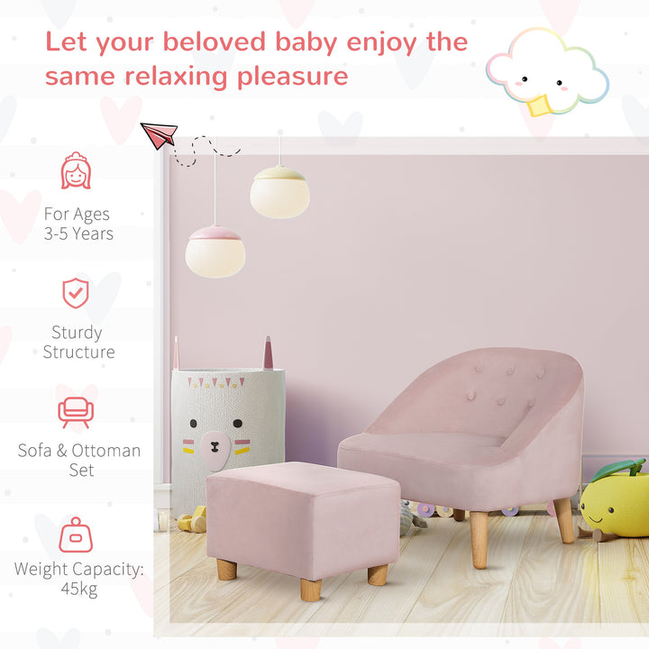 Toddler Chair, 2pcs Kids Sofa Set, Sofa &amp; Ottoman for Bedroom, Playroom, Boys and Girls, 3-5 years old, Pink