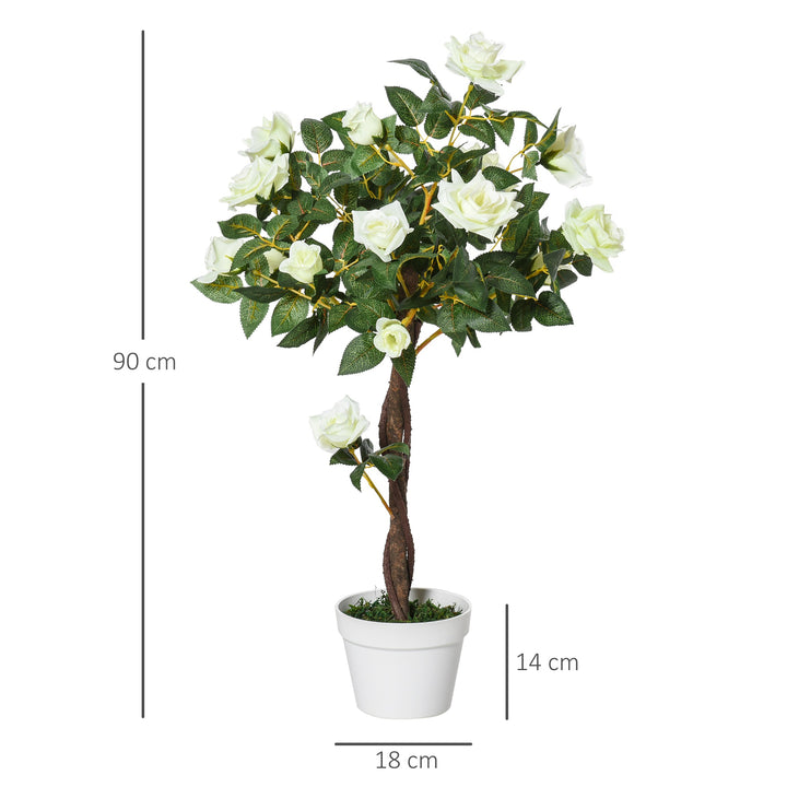 90cm/3FT Artificial Rose Tree Fake Decorative Plant w/ 21 Flowers Pot Indoor Outdoor Faux Decoration Home Office Décor White & Green