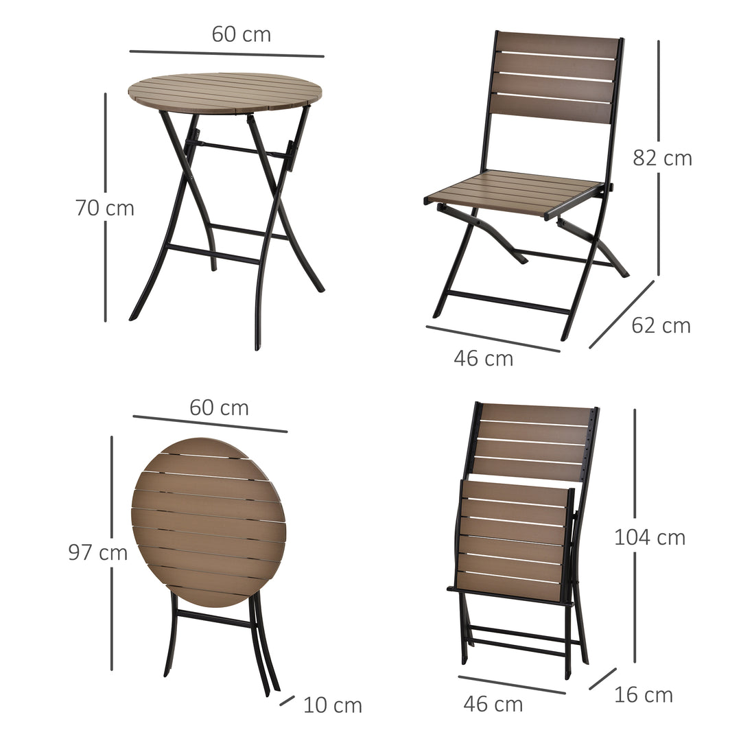 3 Pcs Folding Bistro Dining Set 2 Single Chair 1 Dining Table Metal Frame Plastic Panel Slatted Compact Garden Outdoor Apartment Black&amp;Brown