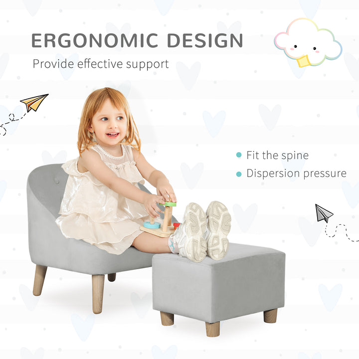 Toddler Chair, 2pcs Kids Sofa Set, Sofa &amp; Ottoman for Bedroom, Playroom, Boys and Girls, 3-5 years old, Grey
