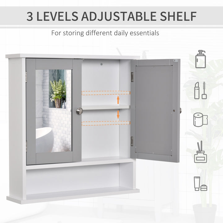 kleankin Mirror Cabinet Wall Mounted with Double Mirrored Doors, Hanging Cabinet with Cupboard and Shelf, Bathroom Wall Storage Organizer, Grey