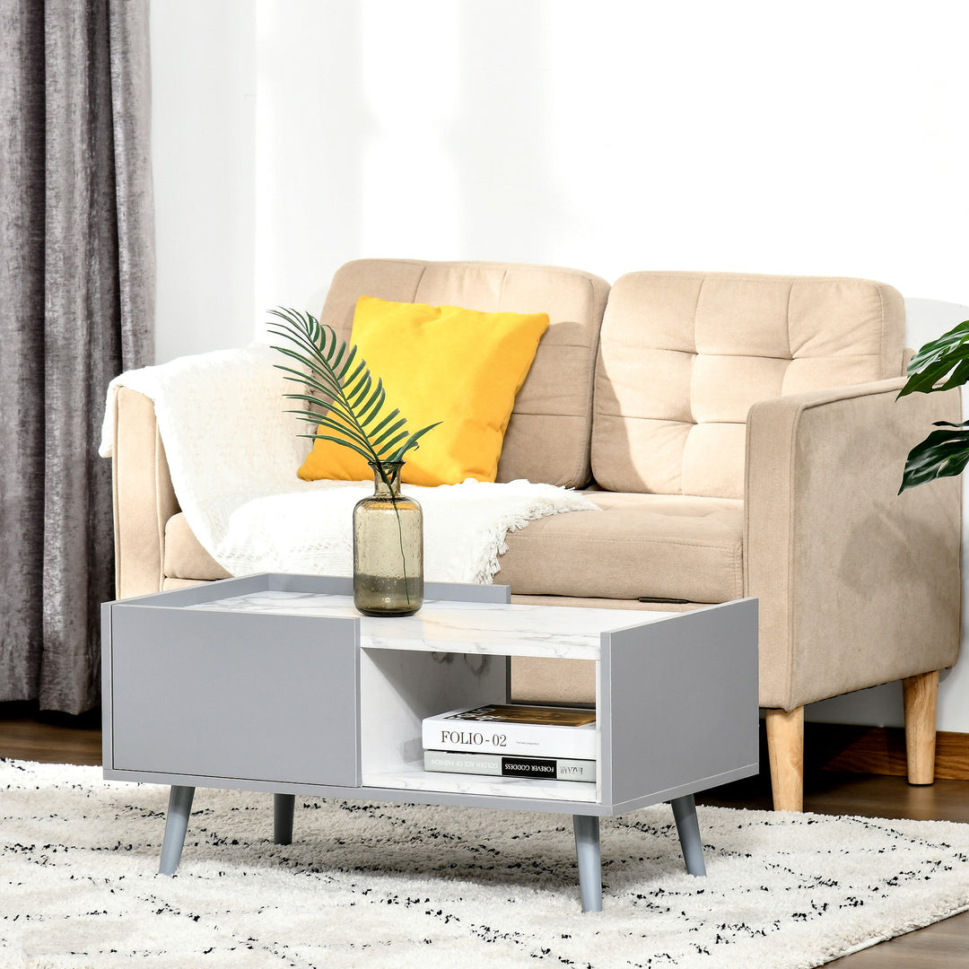 Two-Tone Coffee Table | Duo Storage Side Storage Furniture | Modern Marble Effect w/ Shelf Drawer Table Top Wood Legs Grey - White