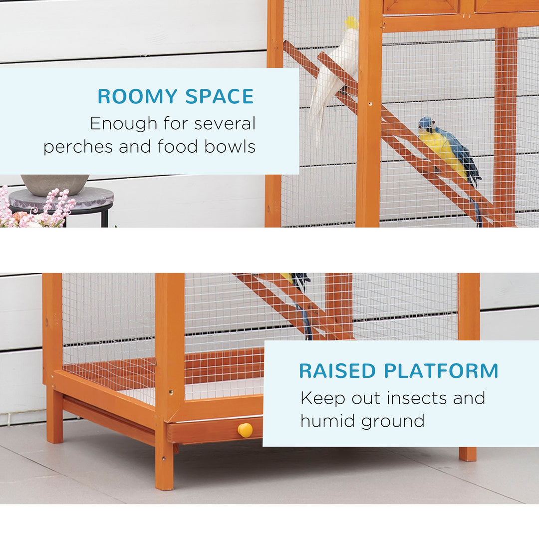 Wooden Bird Aviary Cages Outdoor Finches Birdcage with Pull Out Tray 2 Doors, Orange