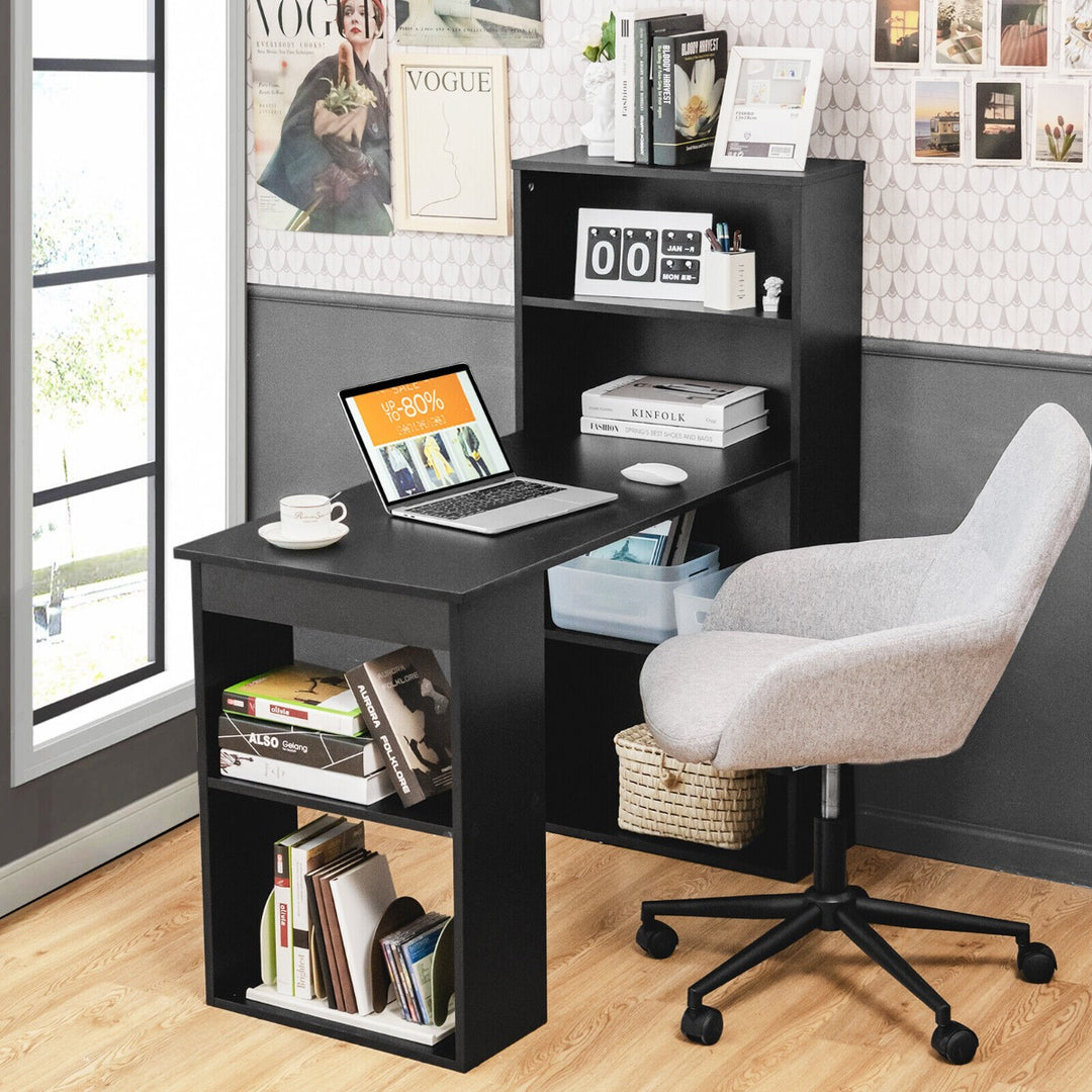 Modern 3-in-1 Wooden Computer Desk with 6-Tier Storage Bookshelves-Black