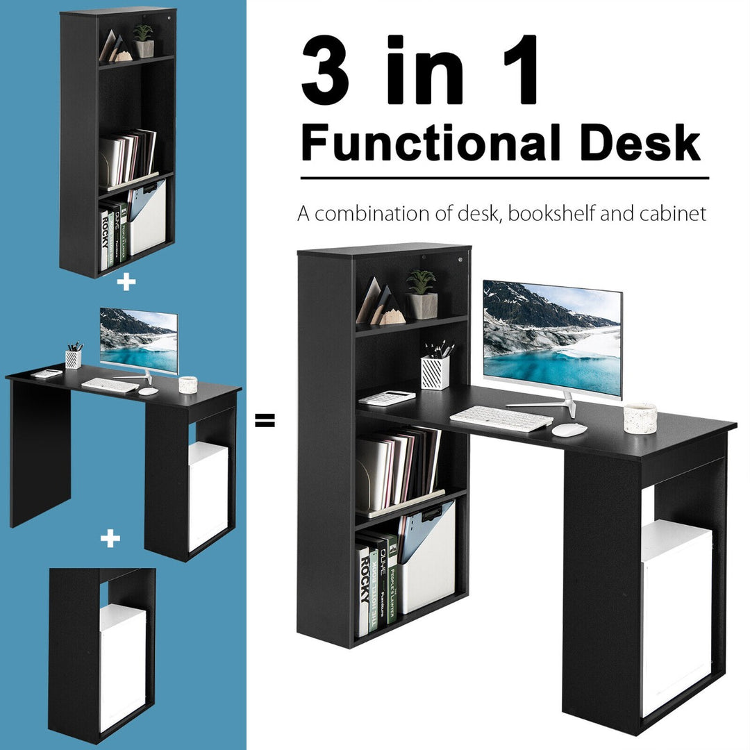 Modern 3-in-1 Wooden Computer Desk with 6-Tier Storage Bookshelves-Black